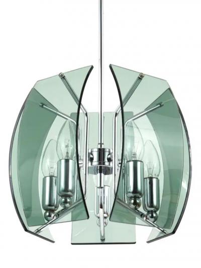  Fontana Arte FontanaArte Fontana Arte Style Mid Century Glass Chrome Chandelier Italy 1960s