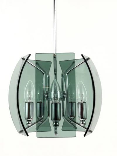  Fontana Arte FontanaArte Fontana Arte Style Mid Century Glass Chrome Chandelier Italy 1960s