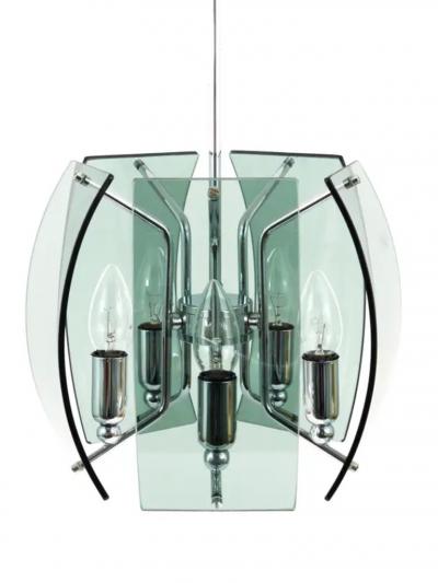  Fontana Arte FontanaArte Fontana Arte Style Mid Century Glass Chrome Chandelier Italy 1960s