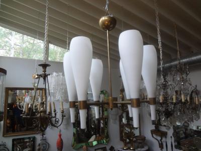  Fontana Arte FontanaArte Italian Brass and Glass Modernist Chandelier Fontana Arte Style