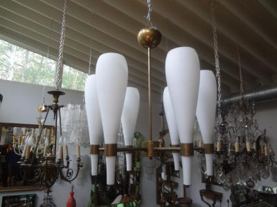  Fontana Arte FontanaArte Italian Brass and Glass Modernist Chandelier Fontana Arte Style