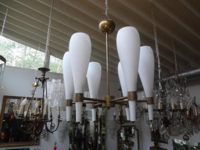  Fontana Arte FontanaArte Italian Brass and Glass Modernist Chandelier Fontana Arte Style