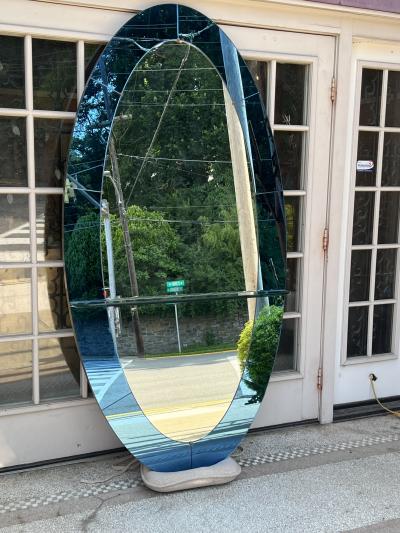  Fontana Arte FontanaArte MONUMENTAL ITALIAN ART DECO BLUE CLEAR OVAL MIRROR WITH SHELF
