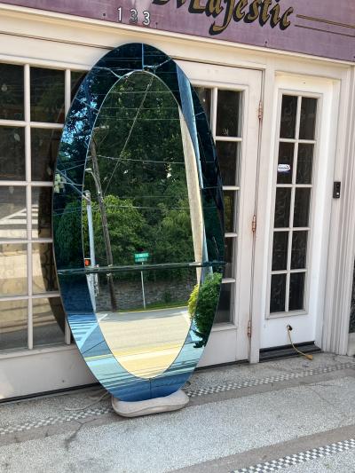  Fontana Arte FontanaArte MONUMENTAL ITALIAN ART DECO BLUE CLEAR OVAL MIRROR WITH SHELF