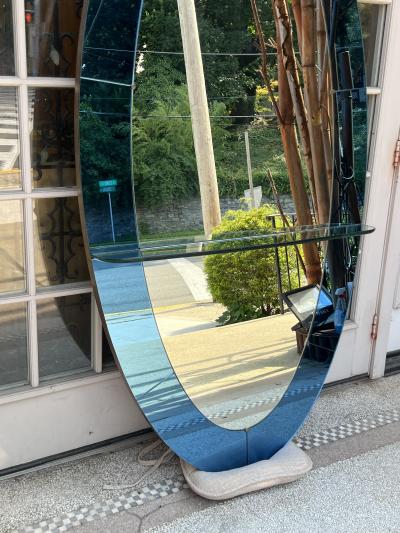  Fontana Arte FontanaArte MONUMENTAL ITALIAN ART DECO BLUE CLEAR OVAL MIRROR WITH SHELF