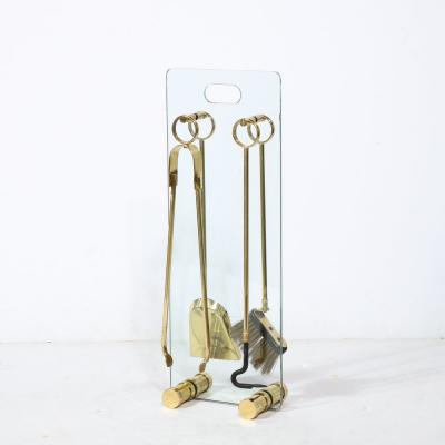  Fontana Arte FontanaArte Mid Century Modernist Fire Tool Set in Glass and Polished Brass w Black Enamel