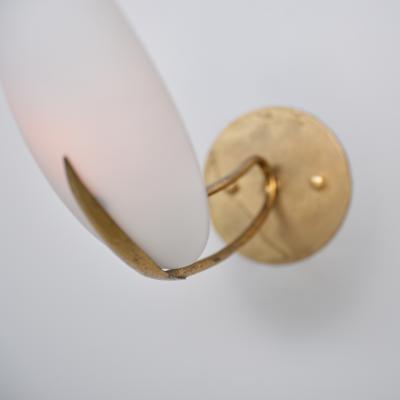  Fontana Arte FontanaArte Pair of 1950s Italian Brass Sconces with Almond Shaped Opaline Glass Shades