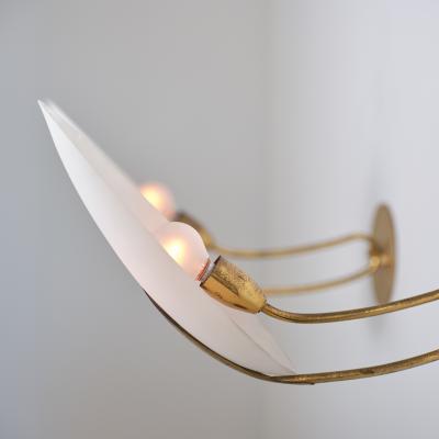  Fontana Arte FontanaArte Pair of 1950s Italian Brass Sconces with Almond Shaped Opaline Glass Shades