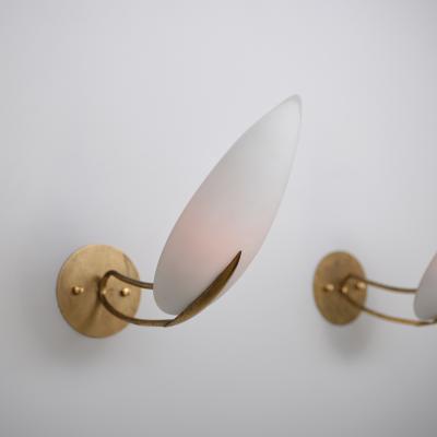  Fontana Arte FontanaArte Pair of 1950s Italian Brass Sconces with Almond Shaped Opaline Glass Shades