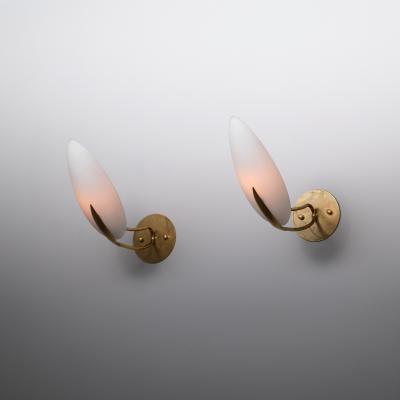  Fontana Arte FontanaArte Pair of 1950s Italian Brass Sconces with Almond Shaped Opaline Glass Shades