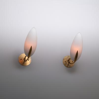  Fontana Arte FontanaArte Pair of 1950s Italian Brass Sconces with Almond Shaped Opaline Glass Shades