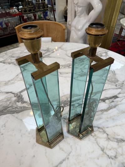  Fontana Arte FontanaArte Pair of Fontana Arte Style Brass and Blue Glass Table Lamps