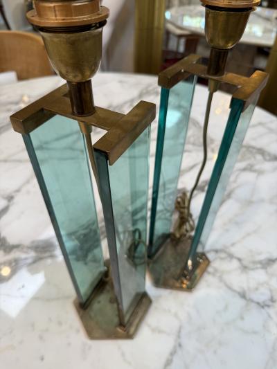  Fontana Arte FontanaArte Pair of Fontana Arte Style Brass and Blue Glass Table Lamps