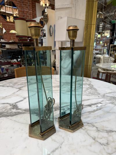  Fontana Arte FontanaArte Pair of Fontana Arte Style Brass and Blue Glass Table Lamps