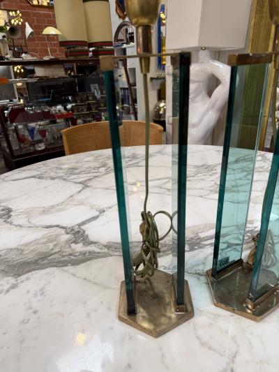  Fontana Arte FontanaArte Pair of Fontana Arte Style Brass and Blue Glass Table Lamps