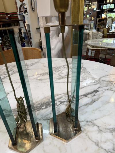  Fontana Arte FontanaArte Pair of Fontana Arte Style Brass and Blue Glass Table Lamps