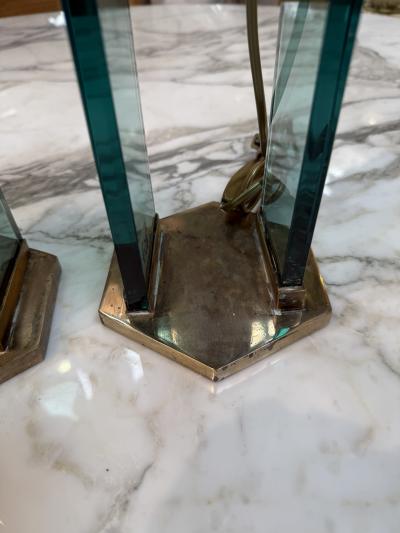  Fontana Arte FontanaArte Pair of Fontana Arte Style Brass and Blue Glass Table Lamps