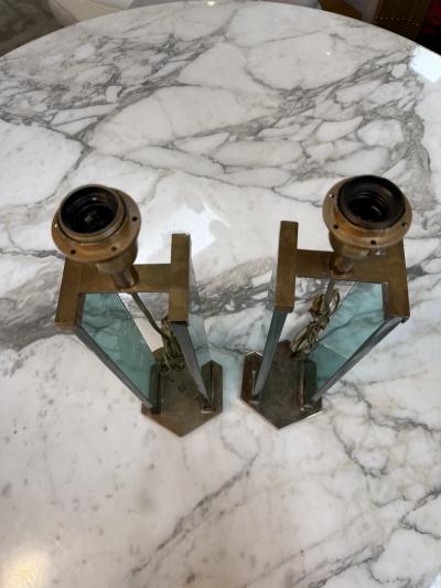  Fontana Arte FontanaArte Pair of Fontana Arte Style Brass and Blue Glass Table Lamps
