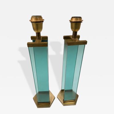  Fontana Arte FontanaArte Pair of Fontana Arte Style Brass and Blue Glass Table Lamps