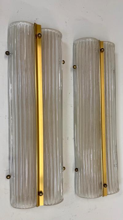  Fontana Arte FontanaArte Pair of Large Italian Mid Century Modern Glass and Brass Wall Lights Sconces