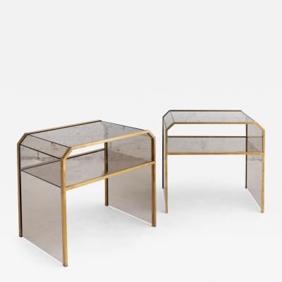  Fontana Arte Italian Smoked Glass and Brass Side Tables A Pair