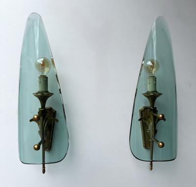  Fontana Arte Mid Century Modern Sconces Glass and Bronze Italy 1950s