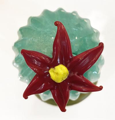  Fornace Mian 2000s Italian Green Gold Murano Art Glass Cactus Plant with Red Yellow Flower