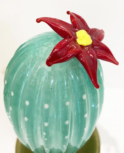  Fornace Mian 2000s Italian Green Gold Murano Art Glass Cactus Plant with Red Yellow Flower