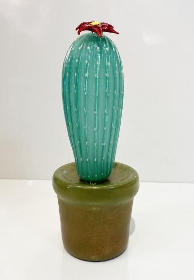  Fornace Mian 2000s Italian Green Gold Murano Art Glass Cactus Plant with Red Yellow Flower
