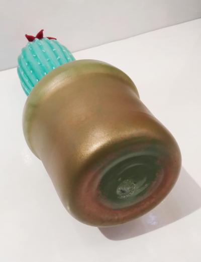 Fornace Mian 2000s Italian Green Gold Murano Art Glass Cactus Plant with Red Yellow Flower