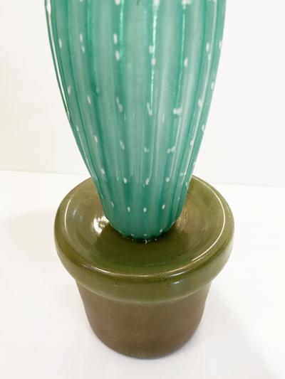  Fornace Mian 2000s Italian Green Gold Murano Art Glass Cactus Plant with Red Yellow Flower