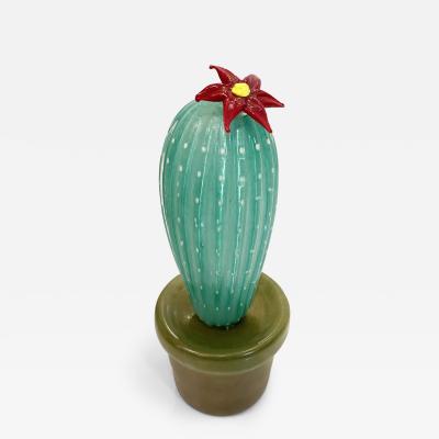  Fornace Mian 2000s Italian Green Gold Murano Art Glass Cactus Plant with Red Yellow Flower