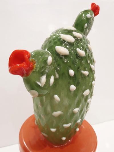  Fornace Mian Modern Italian Green White Gold Orange Murano Glass Cactus Plant Red Flowers