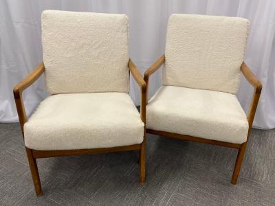  France Daverkosen France and Daverkosen Teak Armchairs Mid Century Modern in Sherpa Style Fabric
