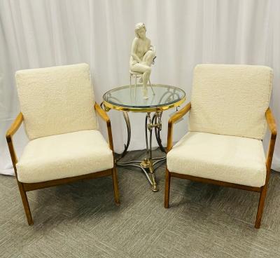  France Daverkosen France and Daverkosen Teak Armchairs Mid Century Modern in Sherpa Style Fabric