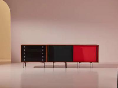  Franco Campo Carlo Graffi Campo Graffi sideboard with desk in teak and red fabric by Home Italy 1950s