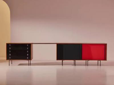  Franco Campo Carlo Graffi Campo Graffi sideboard with desk in teak and red fabric by Home Italy 1950s