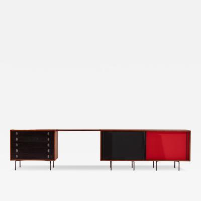  Franco Campo Carlo Graffi Campo Graffi sideboard with desk in teak and red fabric by Home Italy 1950s