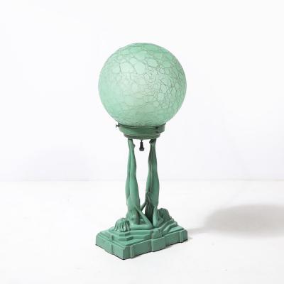  FrankArts Art Deco Frankarts L220 Turquoise Figurative Green Craqueleur Glass Table Lamp