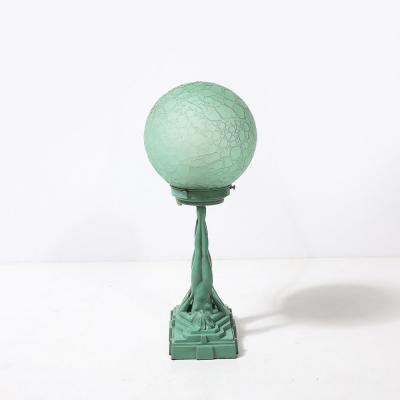  FrankArts Art Deco Frankarts L220 Turquoise Figurative Green Craqueleur Glass Table Lamp