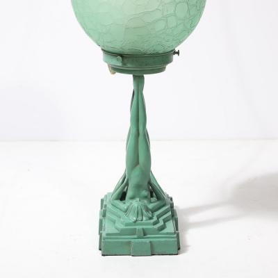  FrankArts Art Deco Frankarts L220 Turquoise Figurative Green Craqueleur Glass Table Lamp