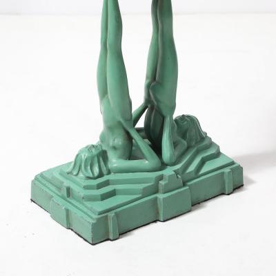 FrankArts Art Deco Frankarts L220 Turquoise Figurative Green Craqueleur Glass Table Lamp