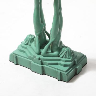  FrankArts Art Deco Frankarts L220 Turquoise Figurative Green Craqueleur Glass Table Lamp