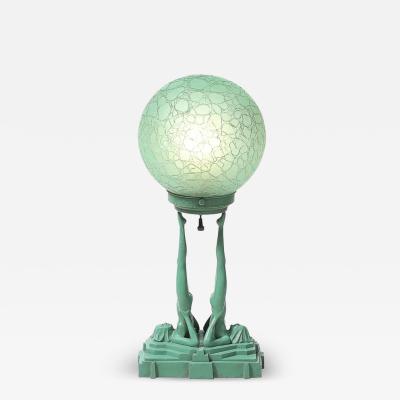  FrankArts Art Deco Frankarts L220 Turquoise Figurative Green Craqueleur Glass Table Lamp