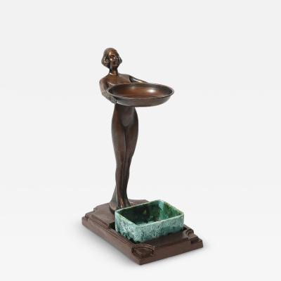  FrankArts Art Deco Patinated Bronze Olive Green Jade Ceramic Smoking Stand by FrankArts