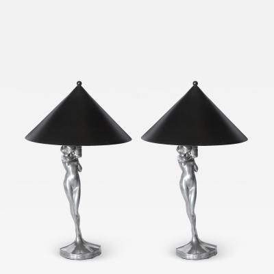  Frankart Inc Pair of Art Deco Silvered Bronze Stylized Female table lamps by Frankart