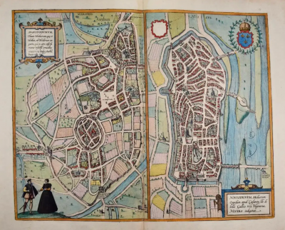  Franz Hogenberg Nevers Autun France 16th Century Hand colored Map by Braun Hogenberg