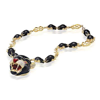  Frascarolo FRASCAROLO 18K YELLOW GOLD RED BLACK ENAMEL LEOPARD CHAIN NECKLACE