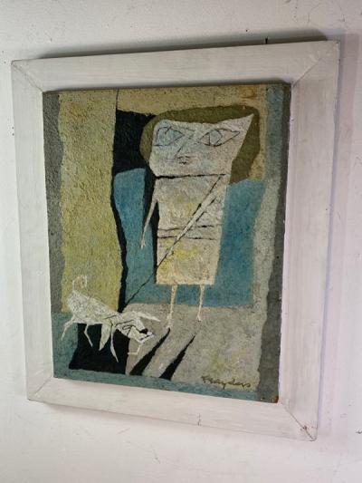  Fraydas MID CENTURY ABSTRACT WOMAN WITH DOG PAINTING SIGNED FRAYDAS