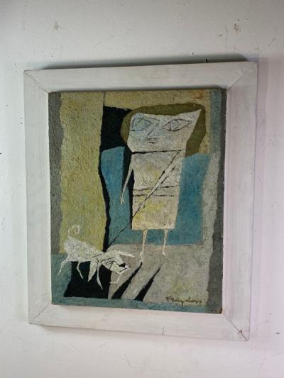  Fraydas MID CENTURY ABSTRACT WOMAN WITH DOG PAINTING SIGNED FRAYDAS